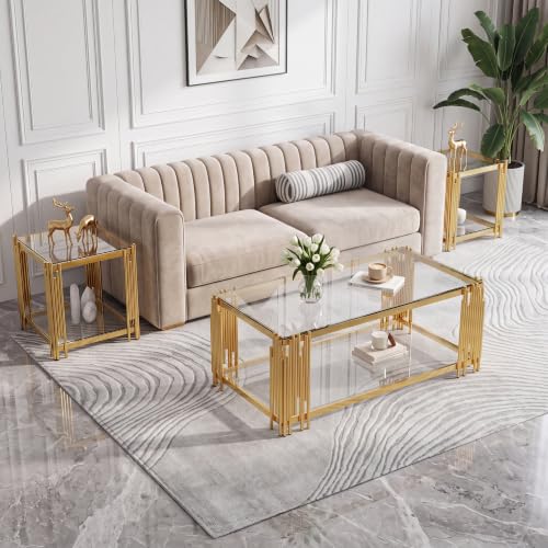 Gold Glass Coffee Table Set of 3, End Table Modern Luxury Living Room Table Rectangle Clear Tempered Glass Stainless Steel Leg, Square Side Table for Home Furniture Set