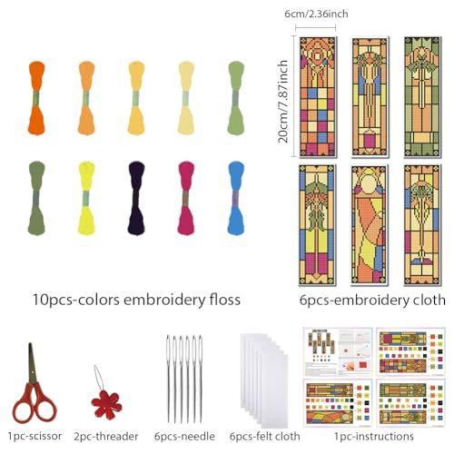 Image of FREEBLOSS 6 Set Bookmark Cross Stitch Kits Stitch Bookmark Cross Stitch Kits with Instructions Gothic Colorful Glass Pattern Embroidery Kit for Beginners Reading Lover Gift
