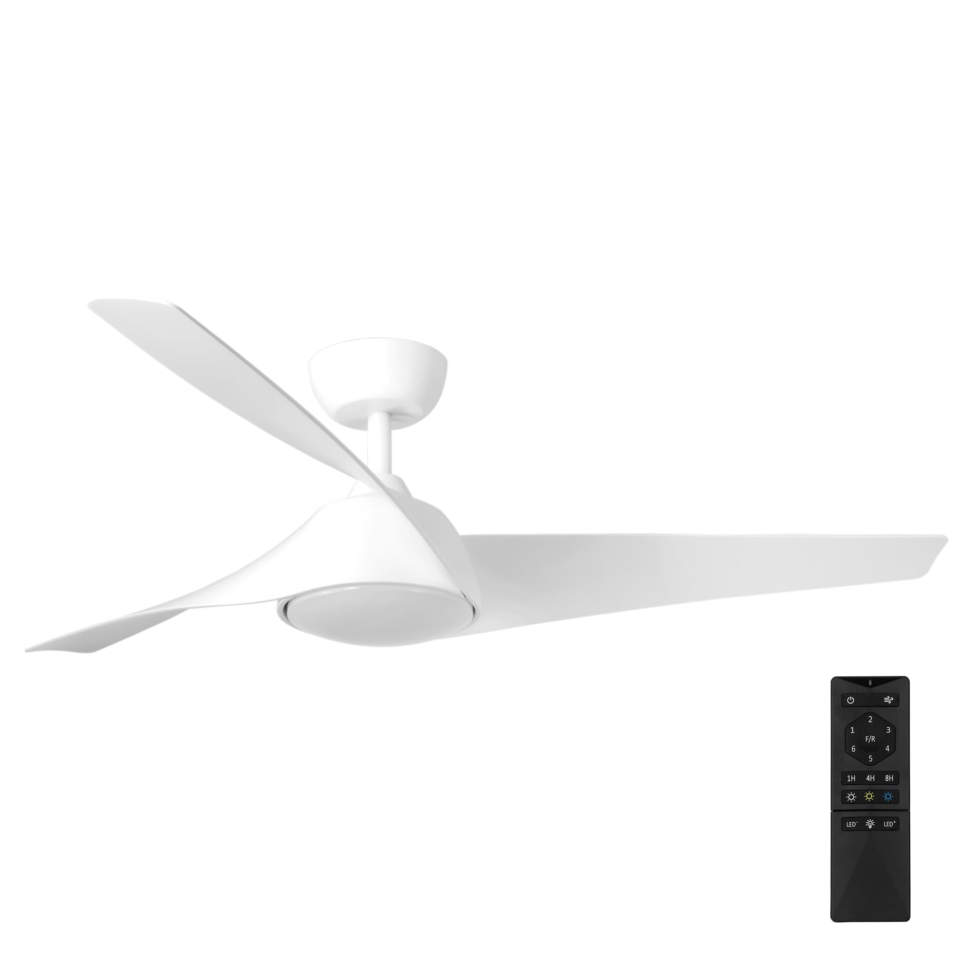 Zelha Ventilador Techo Blanco. Luz Led 24W Neutra/Cálida/Extra Cálida. Motor DC. 3 Aspas ABS Ø132cm. Verano/Invierno. 6 Velocidades. Control Remoto Temporizador. Silencioso. Brisa