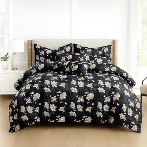 Image of DECOR2ADMIRE 300TC Premium Glace Cotton Printed Super King Size Double Bedsheet with Two Pillow Covers, 108 * 108 Inches or 9ft by 9ft or 275 cm x 275 cm (Black Floral Elegance)