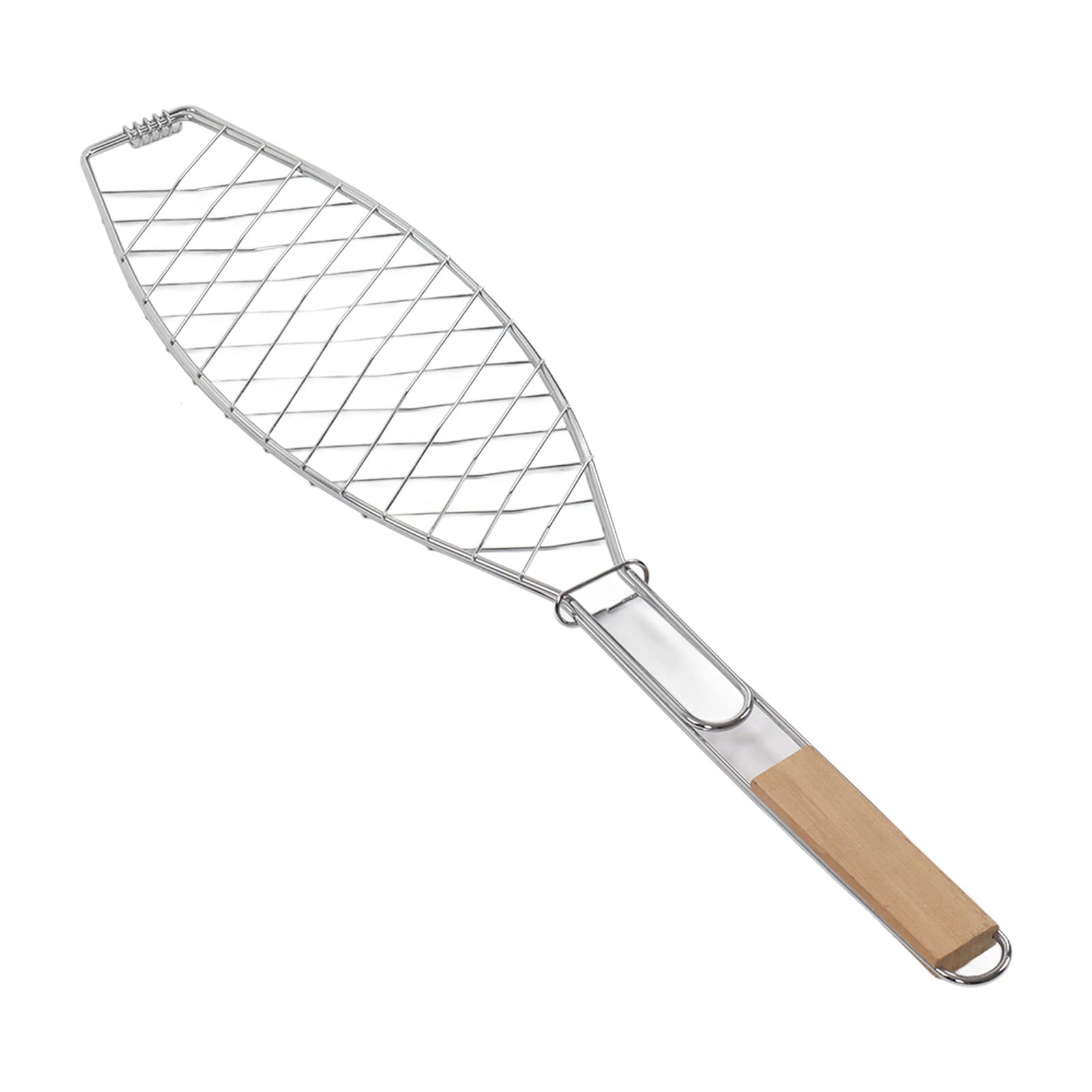 Griglia per pesce in acciaio inox, design compatto, per barbecue all'aperto, con manico, in legno di faggio, 1 unità