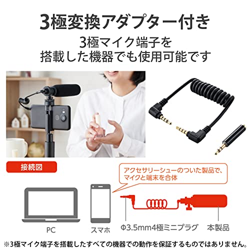 エレコム(ELECOM) エレコム ガンマイク コンデンサーマイク 超指向性 ウインドスクリーン付き アクセサリーシュー対応 三脚ネジ(1/4インチ)対応 4極 φ3.5mm接続 ブラック HS-MC10BK の商品画像 6
