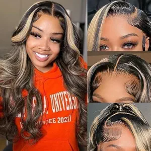 13x6 1b/27 Highlight Ombre Balayage Lace Front Wigs Human Hair Black and Blonde Body Wave HD Transparent Lace Frontal Wig Pre Plucked with Baby Hair for Black Women 180% Density Wig 20 Inch