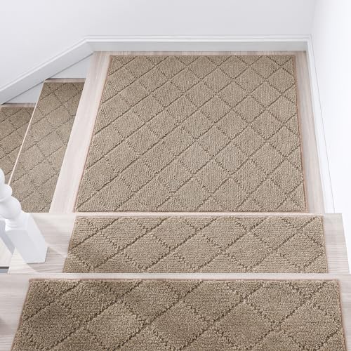 COSY HOMEER Edging Stair Treads Non-Slip Corner Indoor Stair Runners for Wooden Steps,Landing Slip Resistant Stair Rugs Mat for Kids and Dogs,100% Polyester TPE Backing,Beige,30x30 inch Beig