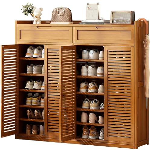 angelfanmily Mueble Zapatero Estrecho con 4 Puertas, Armario Zapatero de Bambú con 8 Niveles, Organizador de Calzado Independiente, Mueble Zapatero para Pasillo Estrecho