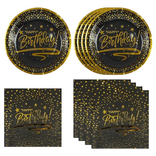 DHAIQC Lot de 50 Vaisselle Jetable Anniversaire, Noir Or Assiettes en Carton et Serviettes pour Barbecue Anniversaire Enfants Fête Décorations (Or Noir)