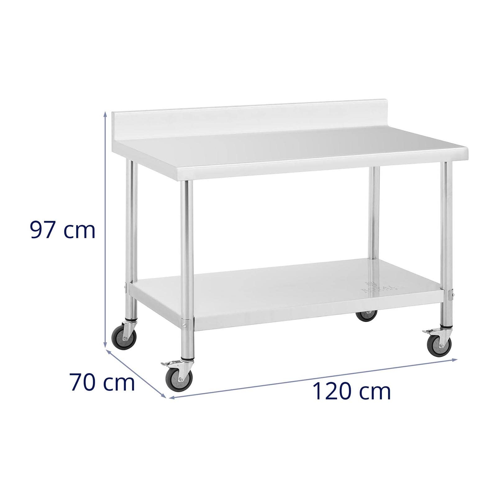 Royal Catering RCAT-120/70-WS - Tavolo da lavoro in acciaio INOX con ruote e alzata, 70 x 120 cm, portata 158 kg, con ruote, tavolo da lavoro su ruote