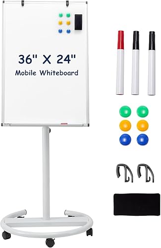 Mobile Magnetic Whiteborad - Caballete de pizarra blanca de pie de 36 x 24 pulgadas, altura ajustable de borrado en seco, pizarra blanca rodante