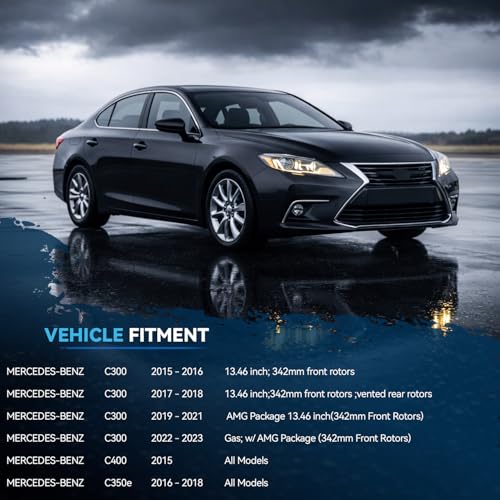 Image of Detroit Axle - Brake Kit for 2015-2023 Mercedes-Benz C300, 2016-2018 C350e 2015 C400, Drilled & Slotted Brake Rotors Ceramic Brakes Pads Replacement : 13.46 inch Front & 11.81 inch Rear Rotors
