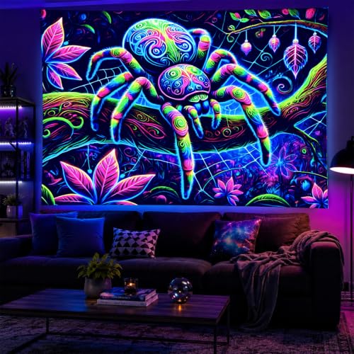 Image of BlissYard Neon Spider Forest Fantasy UV Black Light Tapestry 78x59 Inches Art Color Neon Light Background Bedroom Living Room Wall Party Decoration Psychedelic Web Nature Jungle Creepy Cool Decor