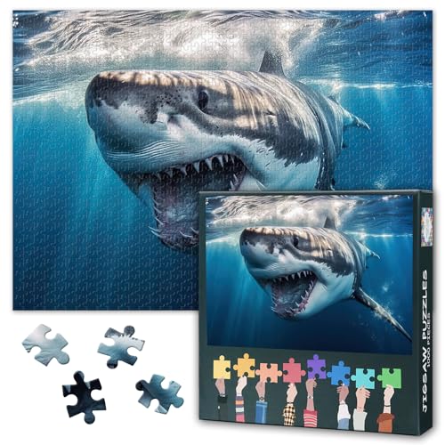 Image of Jigsaw Puzzle 1000 Pieces for Adults Ocean Predator Shark Underwater Scene Powerful Marine Animal in Deep Sea Wildlife Nature Themed Challenging Puzzle 27.5x19.7 Inch