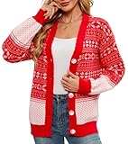 Imimtuan Women's Ugly Christmas Cardigan Sweaters Open Front Button Down V Neck Long Sleeve Knit Outwear Coat(Red,XL)