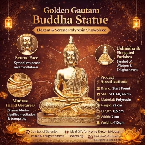 Image of Meditating Buddha Statue Showpiece, Gold Finish Decorative Resin Buddha Idol for Home Decor, Living Room, Office Desk, Meditation Room, Spiritual Gift, Tabletop Decorative Figurine (Gold)