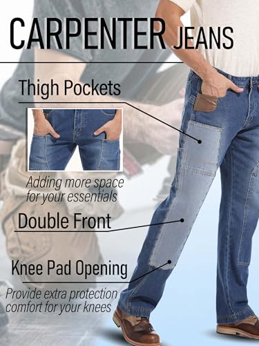 Mens Carpenter Jeans Double Knee Denim Cargo Pants Relaxed Fit2