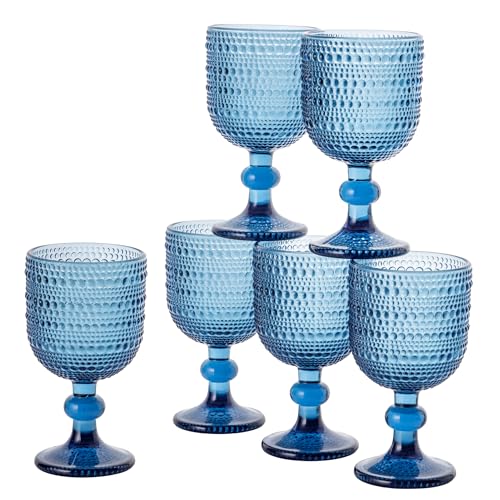 Baroni Home Set de 6 Verres à Pied en Verre Décorés avec des Finitions en Relief de 20 CL, Verres pour Vin et Eau, Lavables au Lave-Vaisselle, 8x8x14,5 cm, Bleu