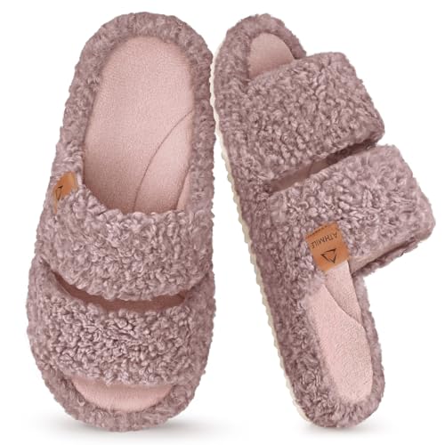 ATHMILE Womens Slippers Lightweight Arch Support Open-Toe Fuzzy House Slippers for Women Cozy Memory Foam Indoor Outdoor Double-Strap Design - Main Image