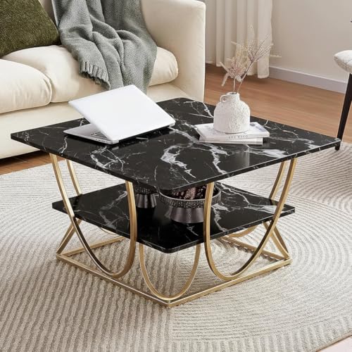 Image of Round Storage Coffee Table Contemporary Coffee Table for Living Room Wood Top with Metal Frame (Black GLD SQ)