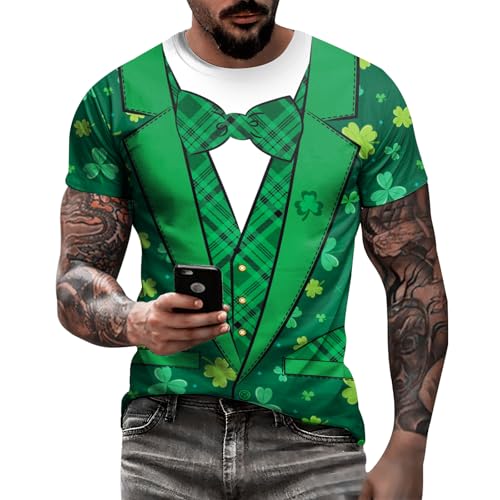 Image of Eciodci Men's St Patricks Day T-Shirts Novelty 3D Printed Shamrock Tuxedo Tees Shirt Clover Leaves Casual Short Sleeve Shirts