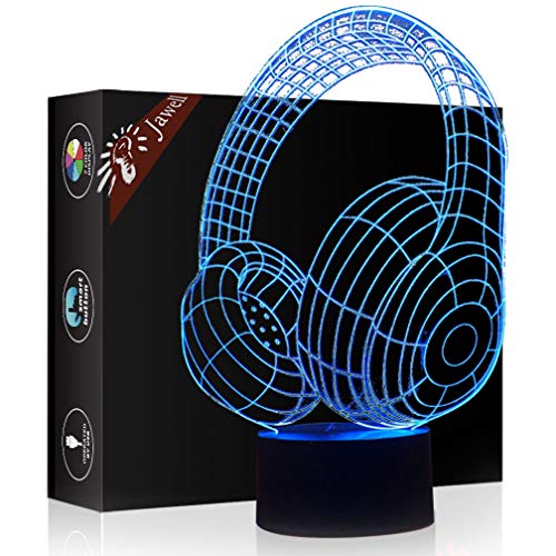 Lámpara Jawell con ilusión 3D de auriculares de 7 colores y luz efecto noche con interruptor táctil, cable USB, decoración, bonito regalo para casa o la oficina