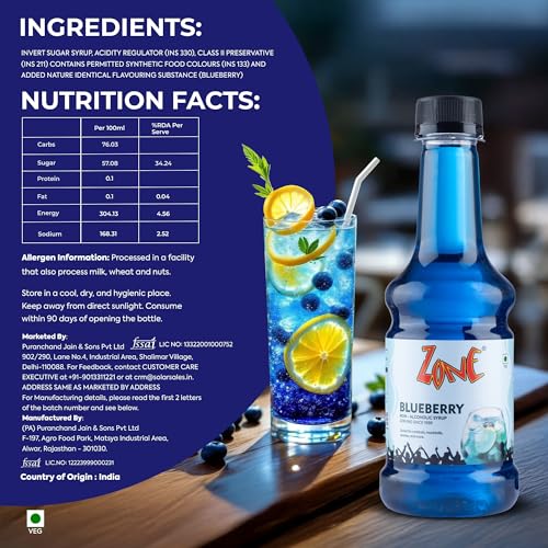 Image of Zone Blueberry Syrup 300ml | Fresh Blueberries Flavor for Mocktails, Cocktails, Lemonades, Iced Teas & More | Non Alcoholic, More Servings, Premium Taste, Great Value | 12+ Flavours