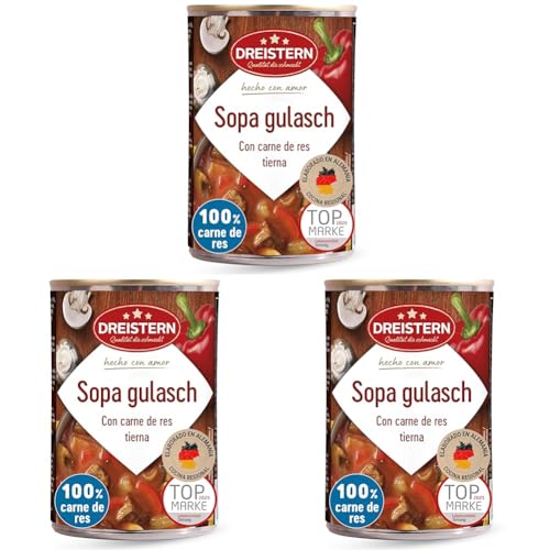 DREISTERN Sopa de Gulash Picante 400 g I Con carne de res tierna & verduras I Guiso picante en lata reciclable I Larga duración gracias a la conservación natural I Calidad casera (Paquete de 3)