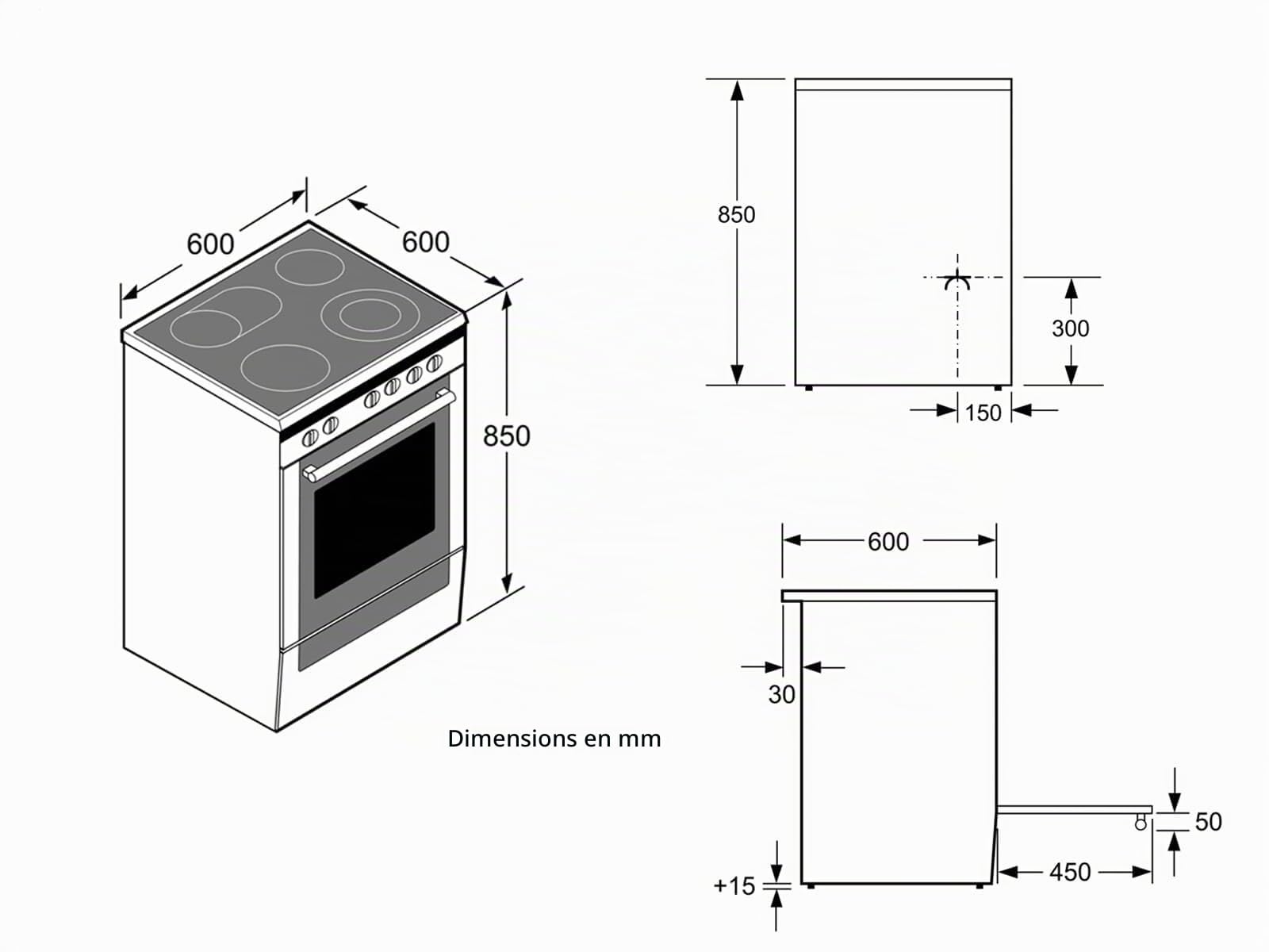 Bosch HKR39C220 Série 4 Cuisinière électrique, 60 cm de large, EcoClean Direct, aide au nettoyage, cuisson à air chaud 3D sur 3 niveaux, contrôle d'affichage LED, zone de cuisson extensible pour