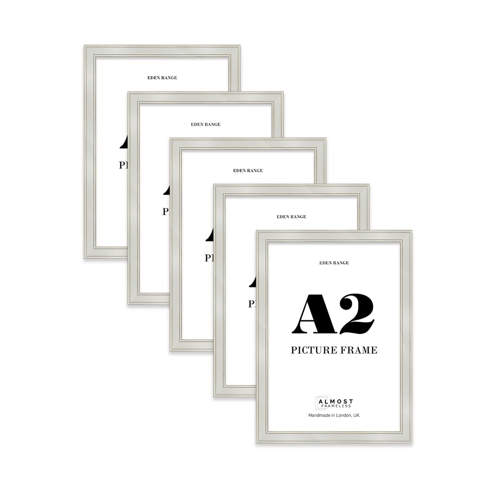 A2 Light Grey Picture Frame - Shabby Chic Photo Frame with Distressed Finish, Gold Trim, Wall Hooks, 37mm Edge - 5 Pack