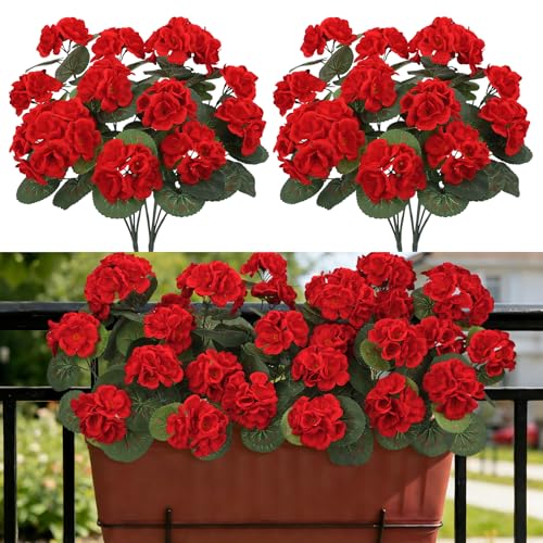 BlueCloudy Lot de 6 fleurs artificielles d'extérieur, géranium artificielles pour extérieur, fleurs de géraniums artificielles en soie, plantes...