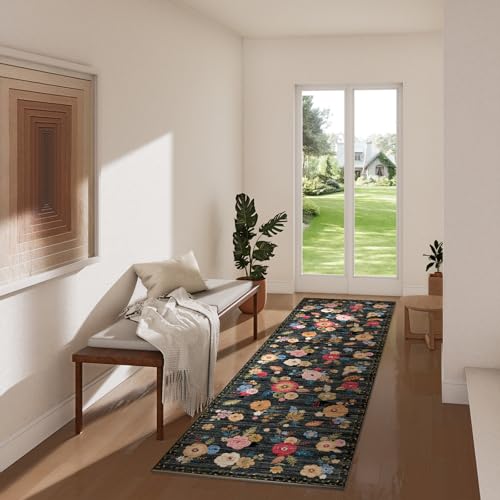 Machine Washable Runner Rug for Kitchen: 2'x6' Hallway Runner Rug Stain Resistant Non Slip Floral Floor Rug with Rubber Backing Non Shedding Soft Carpet Runners for Indoor Entryway Bedroom Bedside