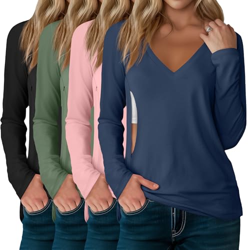 Image of Sweetyweee 4 Pack Women's Long Sleeve Nursing Shirts with Hidden Zipper V Neck Breastfeeding Clothes Maternity Loose Fit Tops
