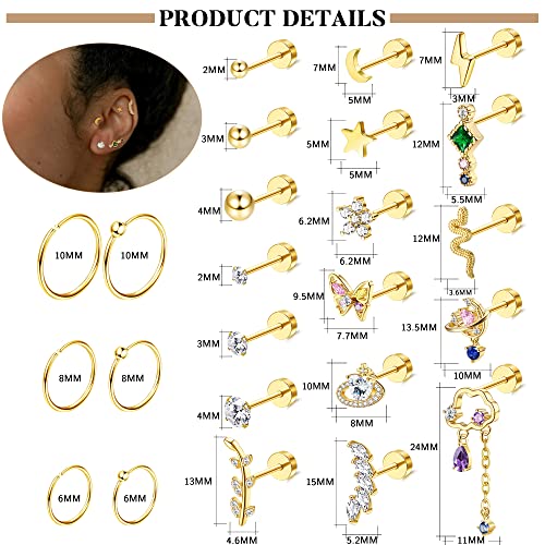 Drperfect 24PCS 20G Cartilage Earring Stainless Steel Stud Earrings For Women Gold Silve CZ Stud Earrings Flower Leaf Screw Flat Back Earrings Tragus Helix Couch Piercing Jewelry2