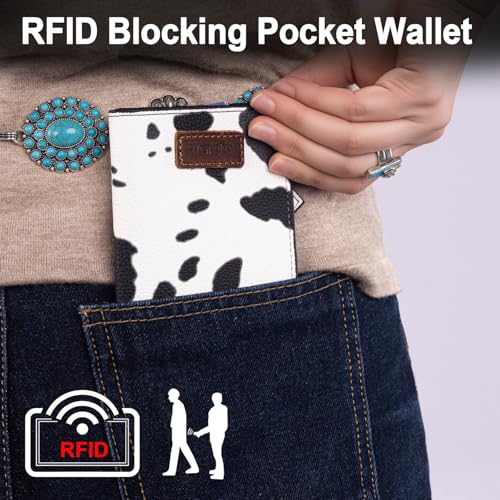 Image of Montana West X Wrangler Small Black Cow Print Wallets for Women Slim Thin Wallet Card Cases Money Organizer Thin Mini Pocket Wallet with Rfid Lining and A Coin Purse