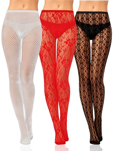 Image of Bencailor 3 Pairs Halloween Women Fishnet Stocking Tight Legging Black Stockings Small Hole Pattern High Pantyhose Waist Lace