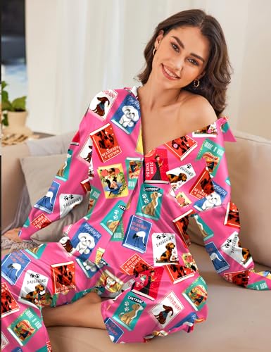 Image of Ekouaer Womens Satin Silky Pajama Set 2 Piece Print PJs Soft Loungewear Button Down Sleepwear with Elastic Waist Long Pants