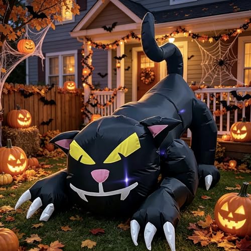 RHFJAKA Halloween Inflatables Animated Black Cat with Shakable Head Outdoor Decorations Blow Up Yard Decor with Built-in LEDs for Indoor Party Garden Lawn Decor