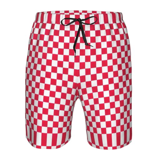Red Checkered White Squares Print Men's Casual Beach Shorts Quick Dry Lightweight Drawstring Shorts with Pockets4
