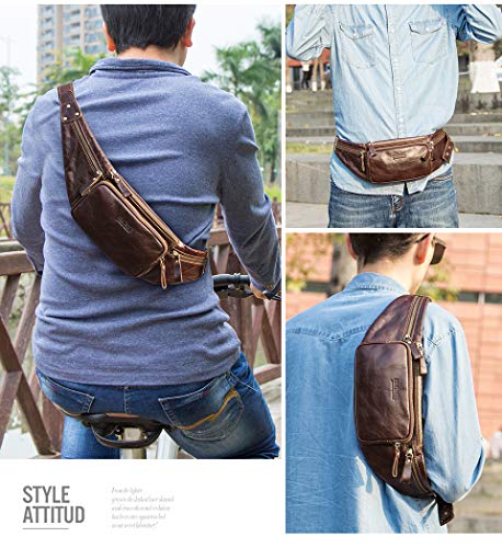 Image of Sam's Design Mens Real Leather Chestbag Zipper Small Crossbody Phone Wallet Holder Bag Waist Pouch Pack for Sport,Spring Out,Travel (Dark Brown)