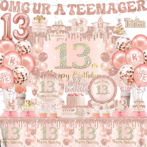 13th Birthday Decorations for Girls Rose Gold Official Teenager Party Supplies Disposable Paper Plates,Napkins,Tablecloth, Backdrop,Balloon,Cake Topper,for Happy Thirteen Birthday Decor,Serve 24