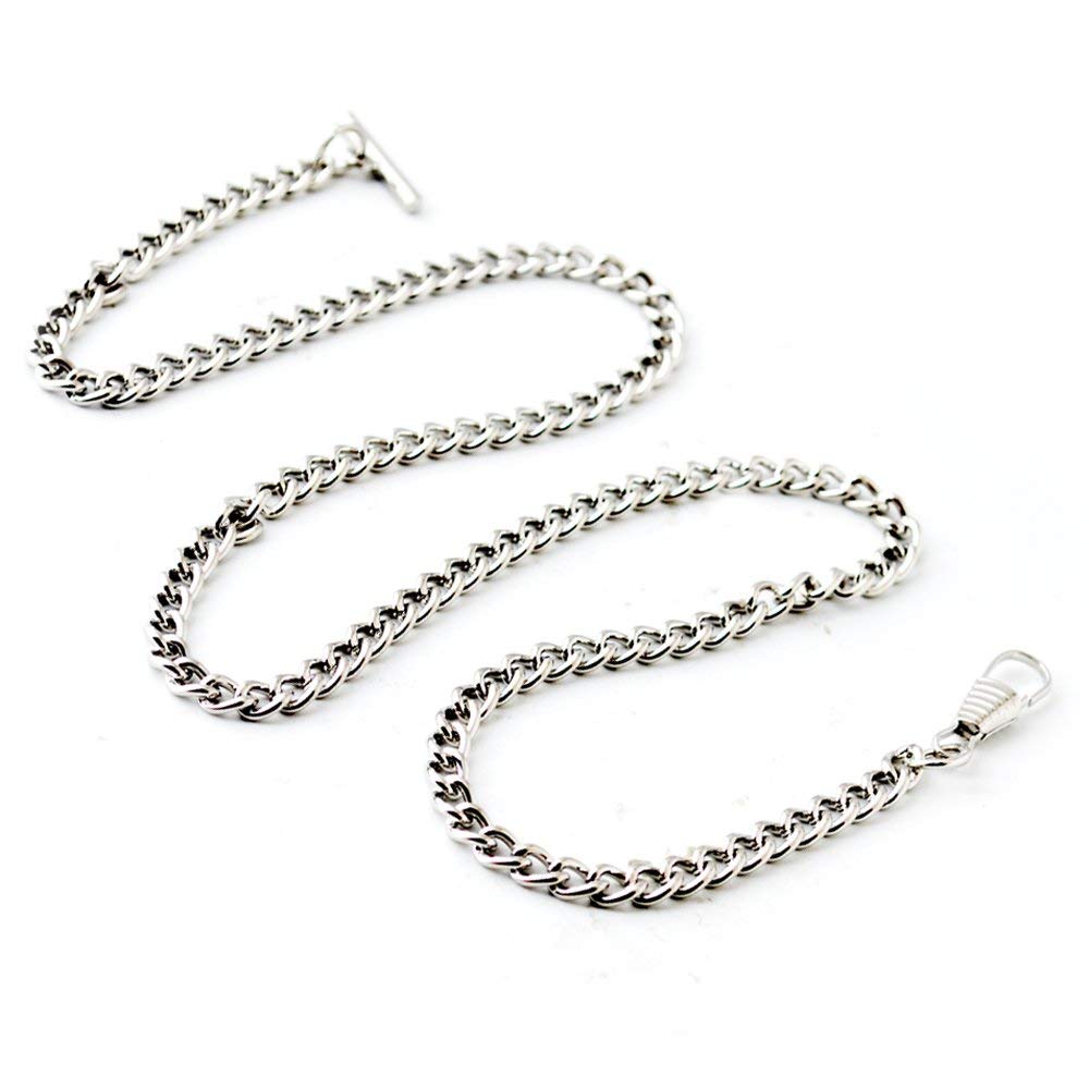 BOSHIYA Pocket Watch Chain Silver Albert Vest T Bar Lobster Buckle Chrome Plated Watch Chains Link with Box