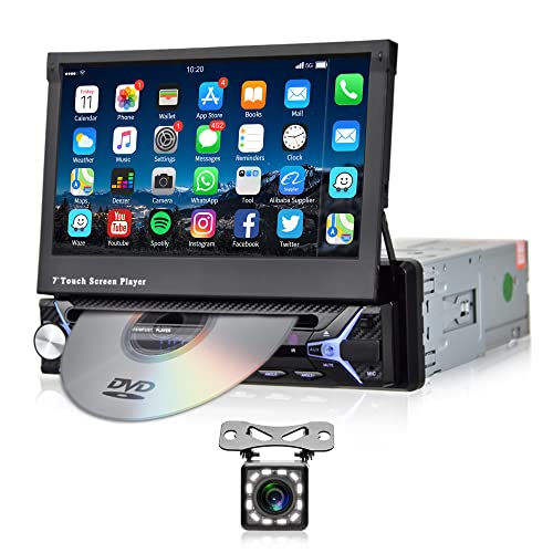 Podofo Autoradio Amovible avec Navi Bluetooth Android Autoradio avec Écran 7 Pouces 1Din avec Écran Rétractable Motorisé Autoradio Écran Tactile + DVD + Caméra de Recul + Microphone
