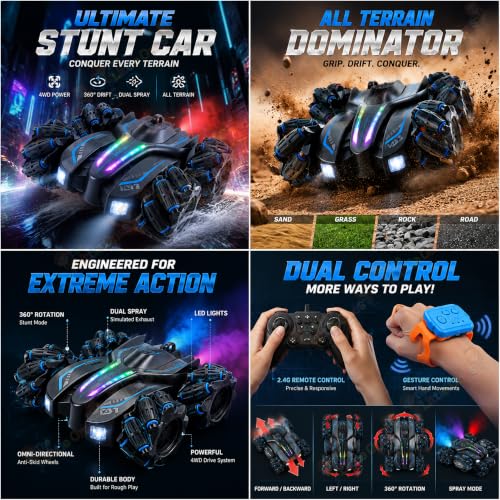 Image of The Little Ones RC Car - RC 4x4 Wheel Drive High-Speed Double Sided 2.4GHz Remote Watch Control Smoke Drift Stunt Off Road Cars 360 Rotation Toys for Kids & Adults Boys & Girls [GestureX Smart Car]