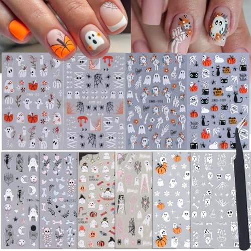 Halloween 5D Nail Stickers Decals 10 Sheets 5d Embossed Cute Ghost Nail Art Stickers Pumpkin Skeleton Spider Web Designs Gothic Skull Decals for Nails Self-Adhesive Acrylic Decorations DIY Supplies
