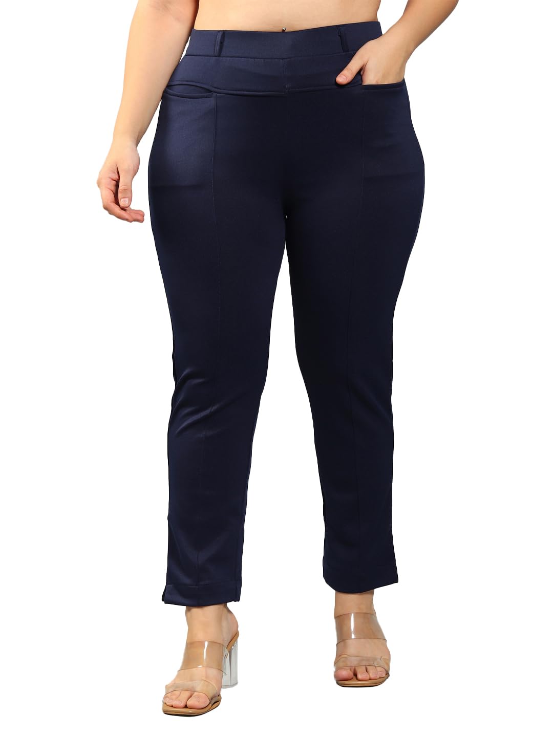 plus size Women Straight Fit Polycotton Blend Solid Trousers-picture-5