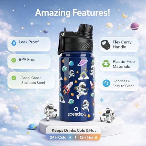 Image of Speedex Astronaut 500 Kids Vacuum Insulated Stainless Steel Water Bottle 450 ML | Double Wall Hot & Cold Sipper (Straw + Direct Sip) | Leakproof BPA Free School Water Bottle for Boys & Girls