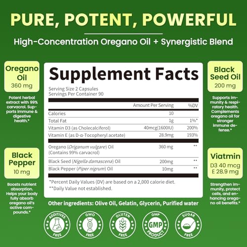 Organic Oregano Oil Capsules with Black Seed Oil, Ultra-Concentrated 99% Carvacrol, 5-in-1 with Vitamin D3 E Black Pepper, Immune, Respiratory, Digestive & Antioxidant*, 180 Softgels, Easy to Swallow — view 2