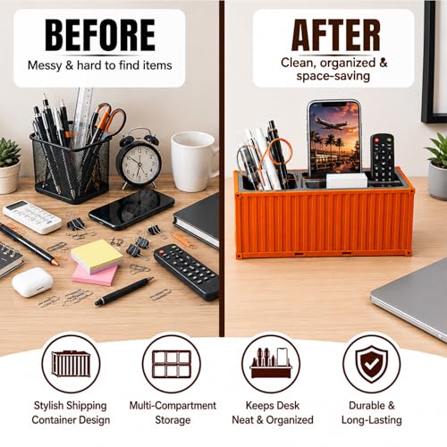 Image of FreshDcart Multi-Function Desk Organizer Shipping Container Storage Box for Pens, Business Cards, Mobile Phones, Remote Controls, Office Supplies and Study Table Brick Orange