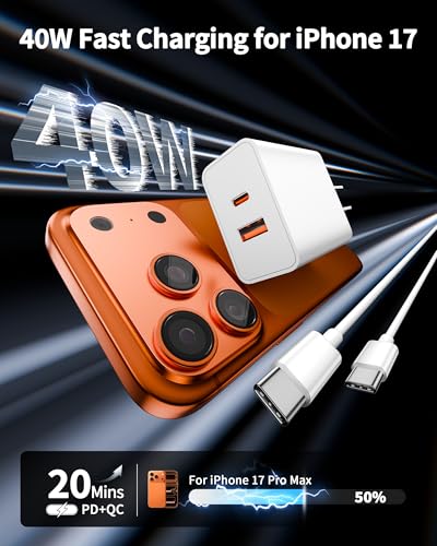 iPhone 17 16 15 Pro Max Charger Fast Charging, 2-Pack 40W Dual Port USB C Fast Wall Charger Block with 6FT Type C Cable Cord for iPhone 17/17 Pro/17 Pro Max/Air/16/16 Pro Max/15/15 Plus, iPad Pro/Air