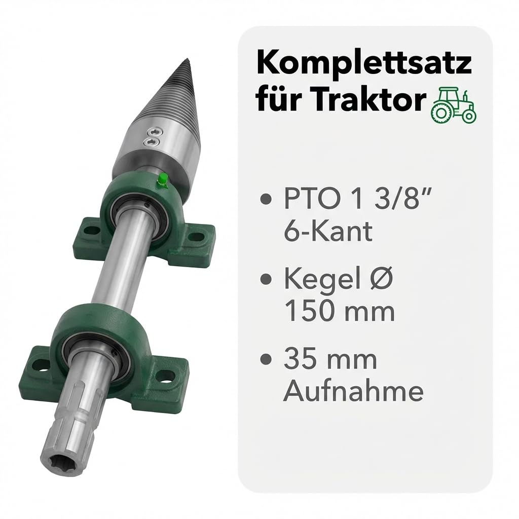 Schneckenspalter Traktor Bausatz Kegelspalter für Traktor mit Zapfwelle 1 3/8 6-Kant, Drillkegel Ø 150 mm (80 mm + Erweiterung auf 150mm), Linksgewinde, Chromstahl, Komplettsatz mit Welle & Lagern