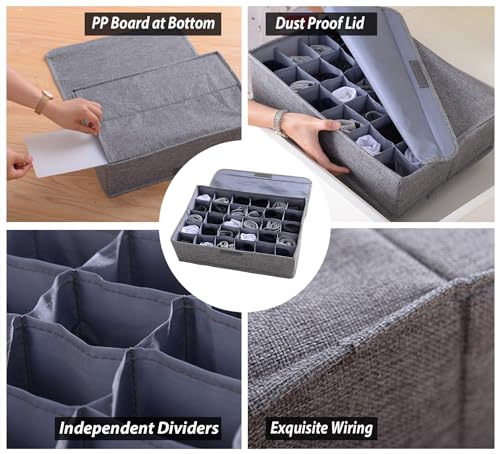 AARAINBOW Aufbewahrungsbox für Unterwäsche Socken, Krawatten Schublade Organizer mit Deckel, 30 Zellen, Faltbar, Stoff Schals Dessous Gürtel Aufbewahrung im Kleiderschrank (Grau)
