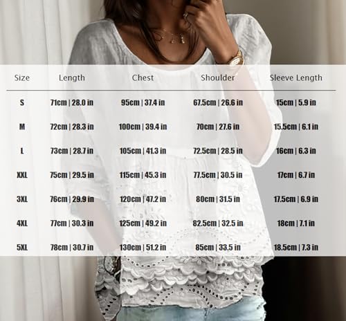 Akivide Women's Boho Floral Embroidered 3/4 Sleeve Tunic Top Summer Cute Casual Loose Pleated Blouse Shirt Plus Size3